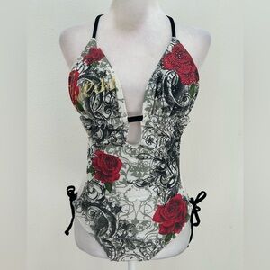 Guess Y2K Embellished Red Rose Print One-Piece Swimsuit, Size L
